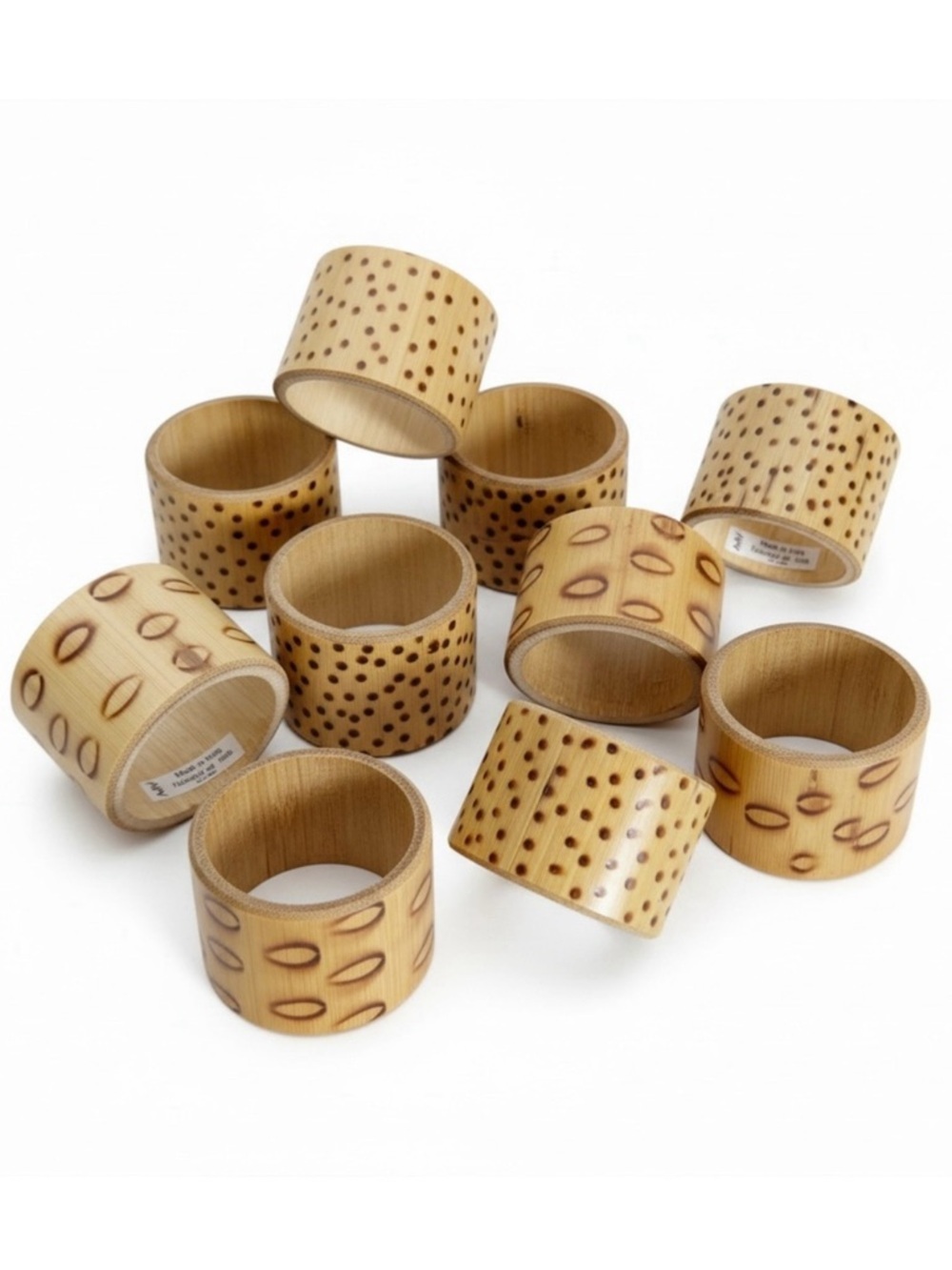 Rustic Tortoise Bamboo Style Napkin Rings - Dotted Natural Wood Tropical Table